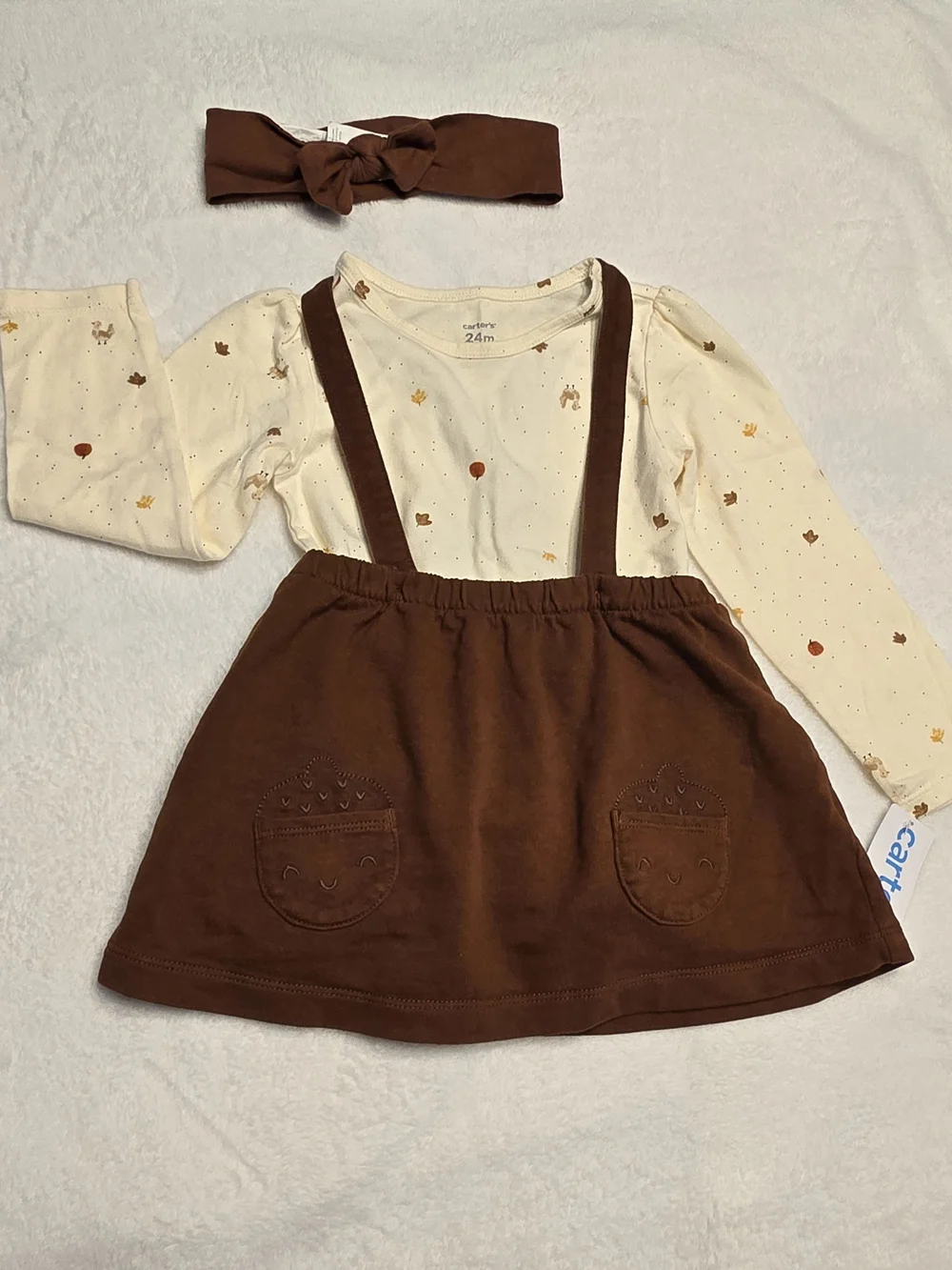 Carter's Cream Long-Sleeve Top with Brown Suspender Skirt and Brown Headband